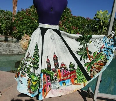 Vintage 1950s Mexican Handpainted Circle Skirt S/M 26-28  Waist Cotton Pockets • $291.23