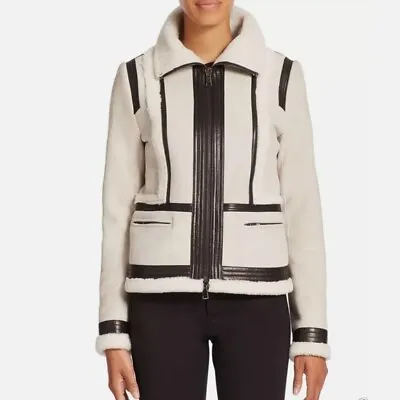 $1995 NEW Vince White Leather Trimmed Shearling Jacket Size XS • $650