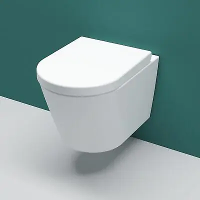 AICA Bathroom Rimless Wall Hung Toilet  Only Pan & Soft Close Seat Modern Round • £129.97