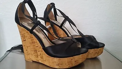 £15 • Buy Dune Cork Wedges Black Satin Size 7 VGC With Ankle Ties
