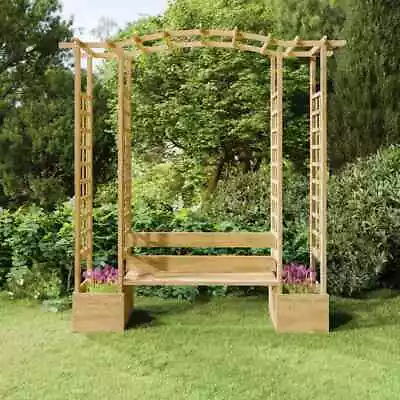 Solid Wood Pine Garden Pergola With Bench & Planters Impregnated Arbour VidaXL • £214.99