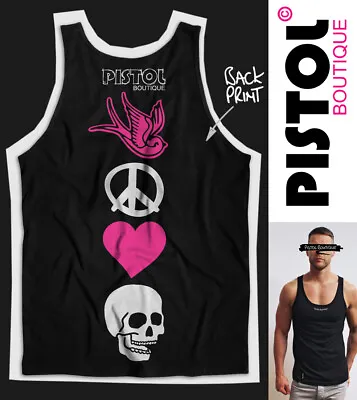 Pistol Boutique Men's Black SPINE LOGO ICONS Back Print Vest Top Singlet Tank • £25.19