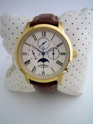 Rotary Mens Moonphase Watch Gs00447/01 Gold Stainless Steel Leather Genuine • £84.99
