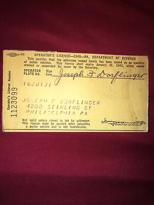 Vtg 1940's Drivers Operators License Philadelphia PA • $8.99