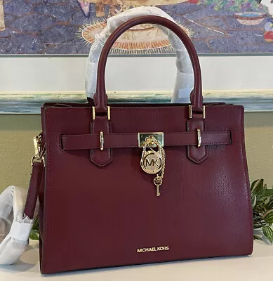 Michael Kors Hamilton Medium Satchel Key Lock Shoulder Bag Cherry Merlot Leather • $147.99