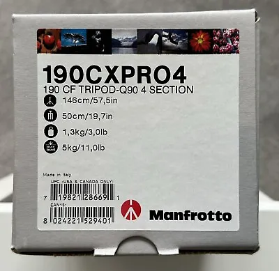 Manfrotto 190CXPRO4 CF Tripod-Q90 Carbon Fibre Made In Italy New Boxed • £160