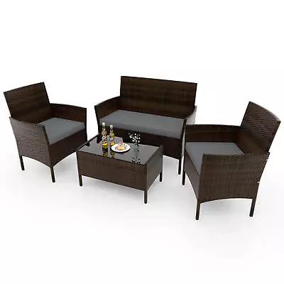 4 PCS Patio Furniture Set W/Washable Cushions And Tempered Glass Coffee Table • $179.99