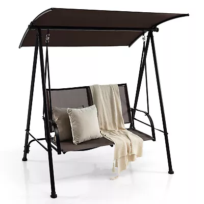 2-Seat Patio Swing Porch Swing W/ Adjustable Canopy For Garden Dark Brown • $139.95