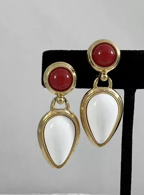 Vintage Mod Signed Monet Red Cabochon White Dangle Earrings Pierced • $11.56