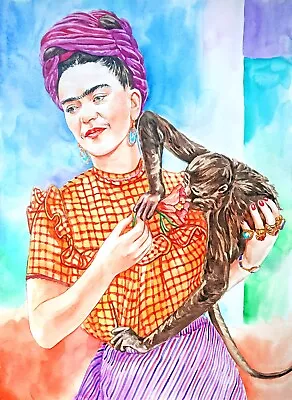 1169 × 1606  ~Frida Kahlo With A Monkey~ Watercolor SIGNED And DATED • $70