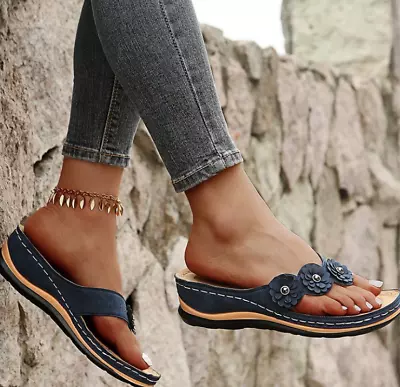 £15.99 • Buy Ladies Womens Wedge Heel Slip On Denim Summer Walking Sandals Shoes Size Gift