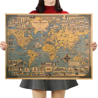 World Wonders Vintage Kraft Paper Poster World Map Great Building Wall Sticker A • $8.99