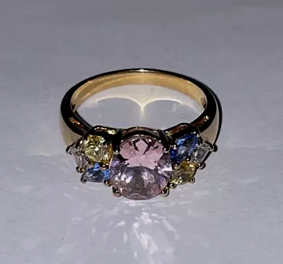 Pink Multi Color Gemstone Ring Sterling Silver .925 Yellow Gold Overlay Size 9 • $89.95