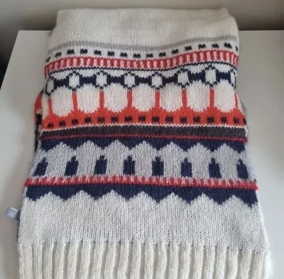 GAP Fair Isle Retro Long Scarf Grey Navy Cream Orange Wool Blend Nordic Scandi • £8.99