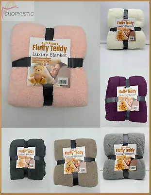 New Teddy Fleece Bear Blanket Throw Over Bed Plush Soft Bedspread All Sizes • £8.78