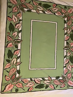 VTG California Hand Print Tablecloth~Caladium Green Pink Ivory Black 54  X 45  • $45.99