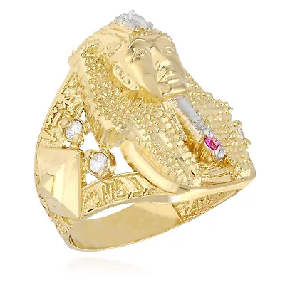 10K Solid Yellow Gold Simulated Diamond & Ruby Egyptian Pharaoh Head Mens Ring • $402.32