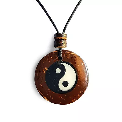 Coconut Wood Yin Yang Charm Pendant Choker Necklace With Black Cord • $6.99