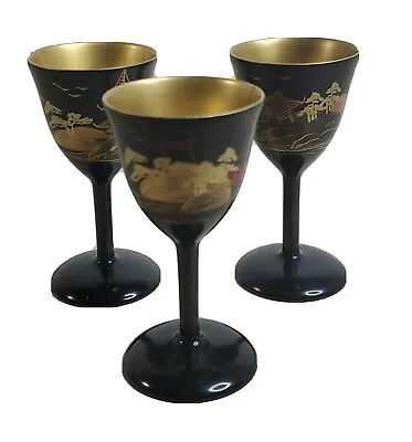 Mini Asian Theme Saki Shot Cups Black Plastic 2 7/8” Tall Set Of 3 • $12.88