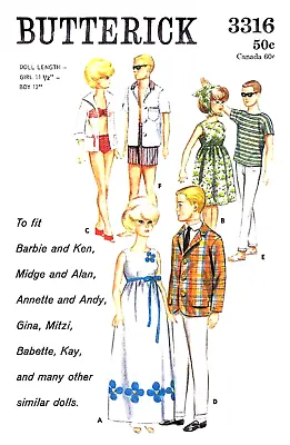 Vintage 1960s Barbie & Ken Clothes Pattern Reproduction Butterick 3316 Uncut • $7.95