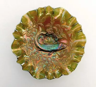 Millersburg Green Carnival Glass 8  3 In 1 Edge Radium Trout And Fly Bowl • $300