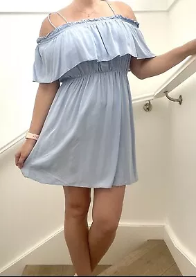 $8 • Buy BARDOT Size 8 ~ Sweet Off The Shoulder Blue Viscose Dress