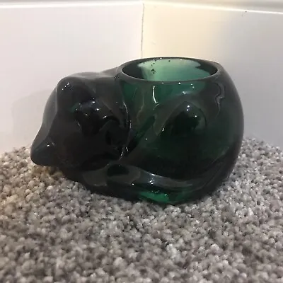 Vintage Indiana Glass Emerald Green Sleeping Cat Votive Tea Light Candle Holder • $8
