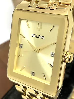 Bulova Men's Watch 97D120 Quartz Diamond Dial Rectangle Gold Stainless Steel • $134.93