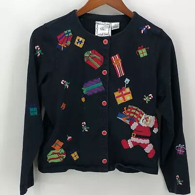 MICHAEL SIMON LITE Womens Ugly Christmas Sweater Santa Black Cardigan Top Sz S • $35