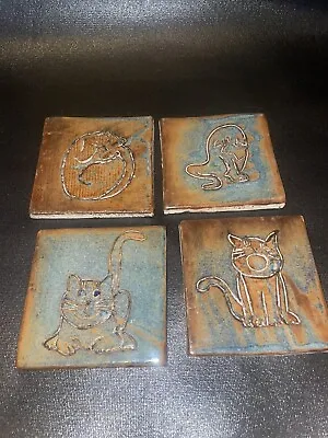 Vintage Mexican Tiles Hand-Crafted Kitty Cat Clay Pottery Tiles 4pc Set • $29.95