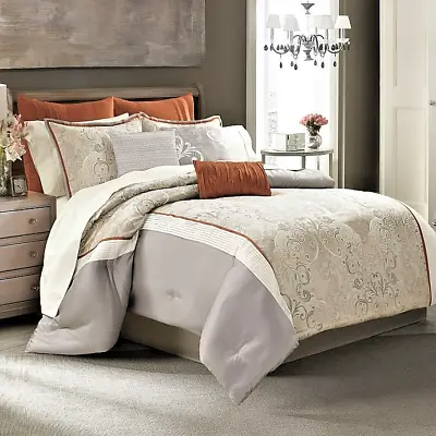 8-Pc Manor Hill Deco Opulence Queen Comforter Set Sheet Set Beige Luxe Damask • $231.96