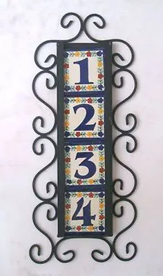 4 Mexican Tiles Talavera House Numbers & Vertical Iron Frame  • $39