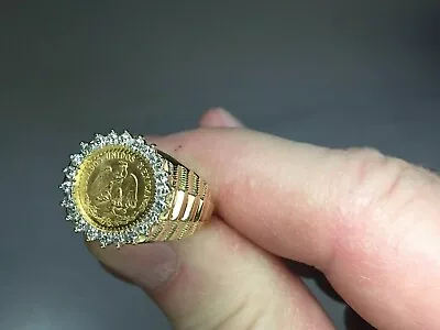 Mexican Dos Pesos Coin Wedding Ring 2 Ct Round Moissanite 14k Yellow Gold Plated • $112.49