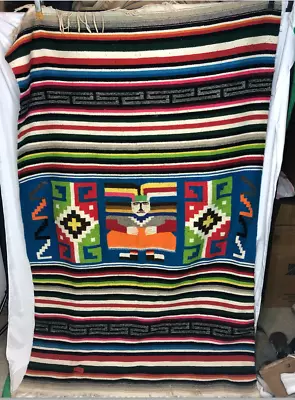 1960s?! Mayan Zapotec Mexico Multicolor Rug Blanket Wool. Measures 46x76 • $360