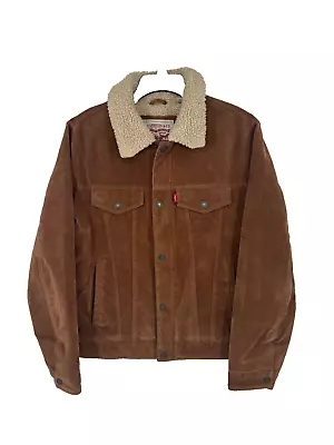 Levis Jacket Mens  Brown Faux Suede Sherpa Lined Trucker Jacket Bomber Sz Small • $39.95