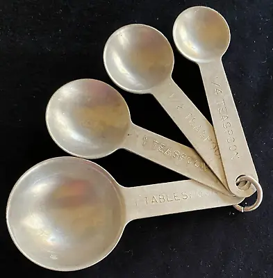 Vintage Aluminum Measuring Spoon Set Of 4 Round Bowl On Original Keeper Ring • $5