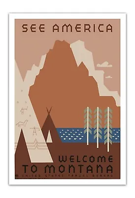 Travel Poster WELCOME TO MONTANA Vintage Illustration Premium Print 13x19  In. • $16.99