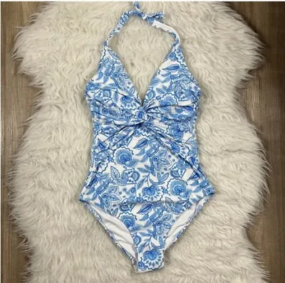 Melissa Odabash Halter One Piece Swimsuit Size 4 Blue Floral Ceramic NEW • $55