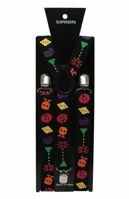 1980s Space Invader Elasticated Braces Suspenders Neon Fancy Dress Mens Ladies • £5.50