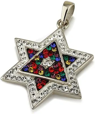 Star Of David Pendant Multi Colors Gemstones + Sterling Silver Necklace #10 • $56.21