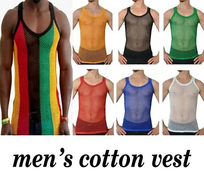 Rasta Striped Cotton Mens String Vest Mesh Net Muscle Top Reggae White Black • £17.96