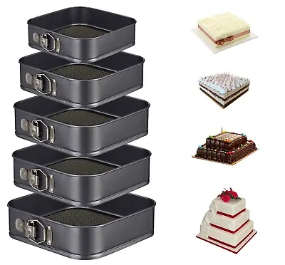 Set Of 5 Square Non Stick Spring Form Cake Baking Bake Tin Tray Bakeware • £13.45