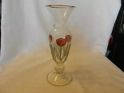 Vintage Clear Glass Pedestal Vase With Red Roses & Leaves For Tabletop • $30