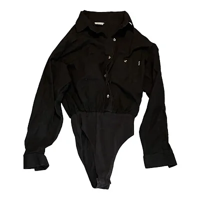 Vintage Women's 80's 90's Hang Ten BodySuit Cotton Black Button Down Long Sleeve • $30.64