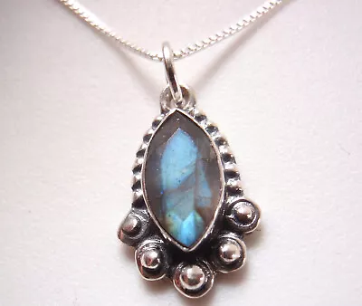 Faceted Labradorite W/ Silver Dot Accents 925 Sterling Silver Pendant Very Small • £9.49