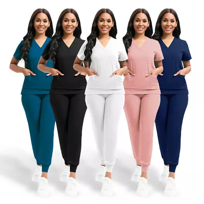 Stretch Medical Nurse Uniform Women Scrub Set V-Neck 3-Pocket-Top Jogger Pants • $18.97