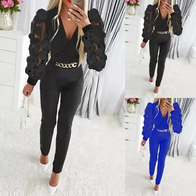 Womens Sexy Mesh Sleeve Jumpsuit Evening Party Cocktail Romper Trousers Playsuit • £14.59