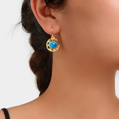 $2.99 • Buy Blue Moonstone Hollow Gold Moon Dangle Hook Earrings Boho Celestial Jewellery