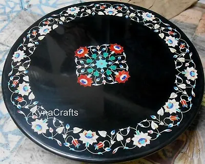 Round Black Marble Restaurant Table Floral Pattern Inlay Work Dining Table Top • $530.10