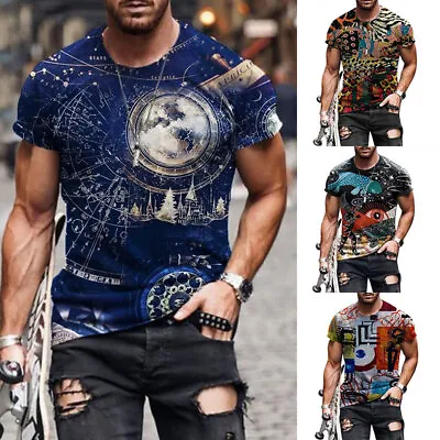Men Painting Printed Short Sleeve Pullover T-Shirt Colorful Short Sleeve Fashion • £13.78